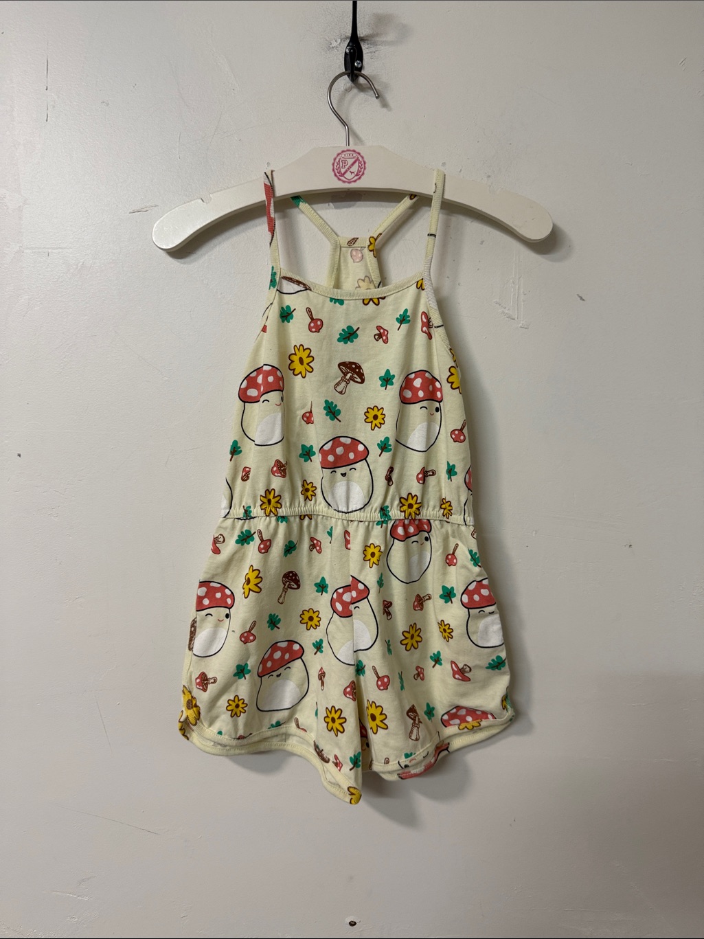 Squishmallows Cream Romper With Red, Yellow & Green Mushroom Print